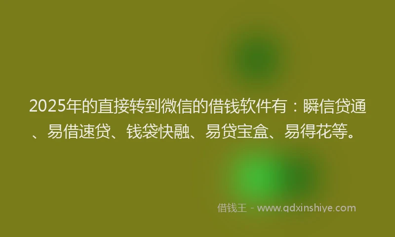 2025年的直接转到微信的借钱软件有：瞬信贷通、易借速贷、钱袋快融、易贷宝盒、易得花等。