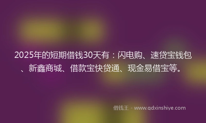 2025年的短期借钱30天有：闪电购、速贷宝钱包、新鑫商城、借款宝快贷通、现金易借宝等。