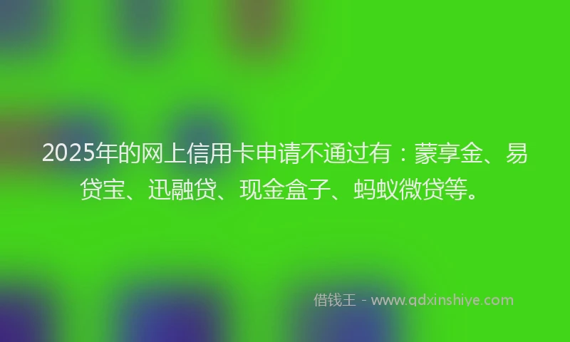 2025年的网上信用卡申请不通过有：蒙享金、易贷宝、迅融贷、现金盒子、蚂蚁微贷等。
