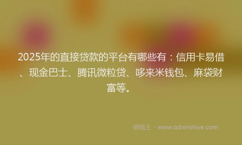 2025年的直接贷款的平台有哪些有：信用卡易借、现金巴士、腾讯微粒贷、哆来米钱包、麻袋财富等。