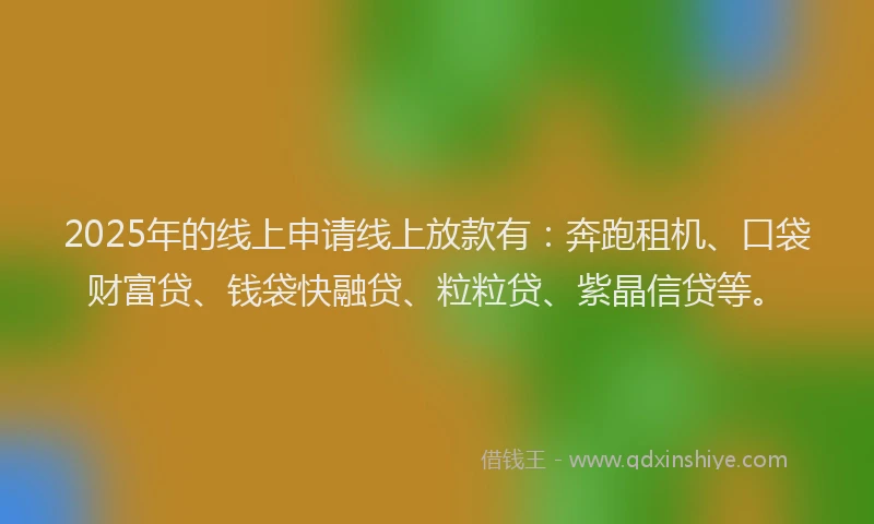 2025年的线上申请线上放款有：奔跑租机、口袋财富贷、钱袋快融贷、粒粒贷、紫晶信贷等。
