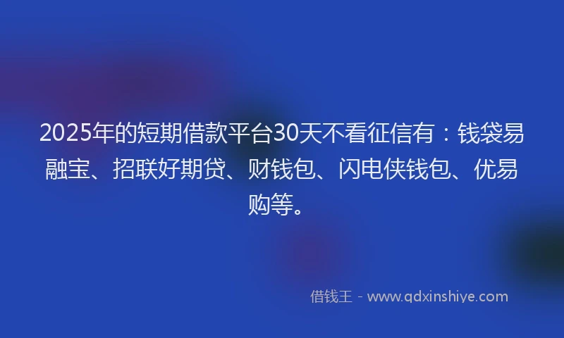 2025年的短期借款平台30天不看征信有：钱袋易融宝、招联好期贷、财钱包、闪电侠钱包、优易购等。