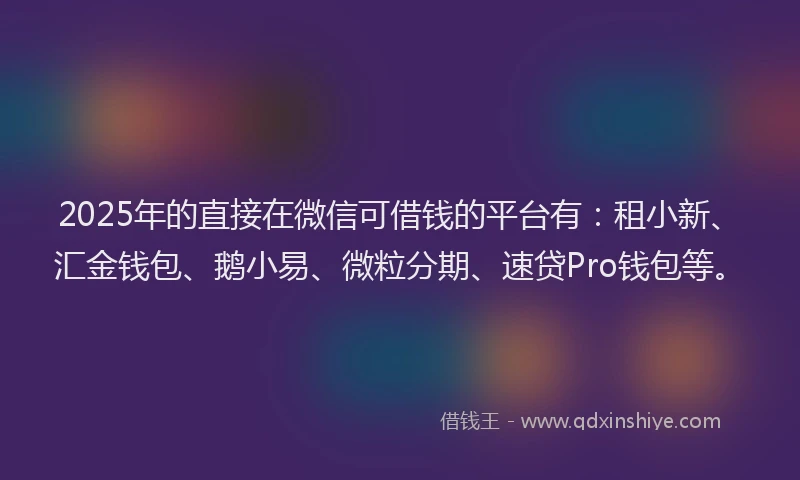 2025年的直接在微信可借钱的平台有：租小新、汇金钱包、鹅小易、微粒分期、速贷Pro钱包等。