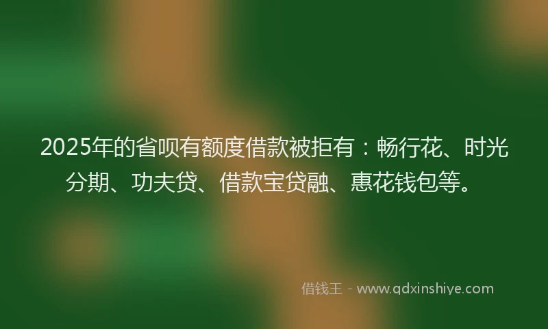 2025年的省呗有额度借款被拒有：畅行花、时光分期、功夫贷、借款宝贷融、惠花钱包等。