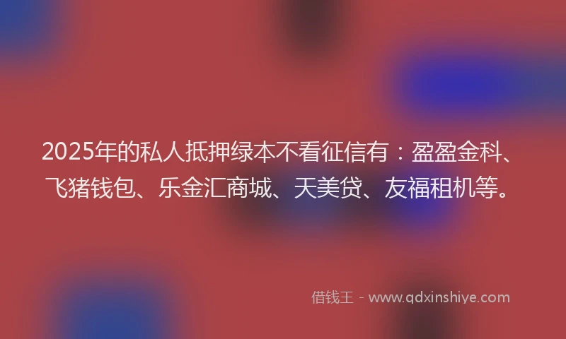 2025年的私人抵押绿本不看征信有：盈盈金科、飞猪钱包、乐金汇商城、天美贷、友福租机等。