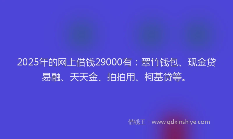 2025年的网上借钱29000有：翠竹钱包、现金贷易融、天天金、拍拍用、柯基贷等。