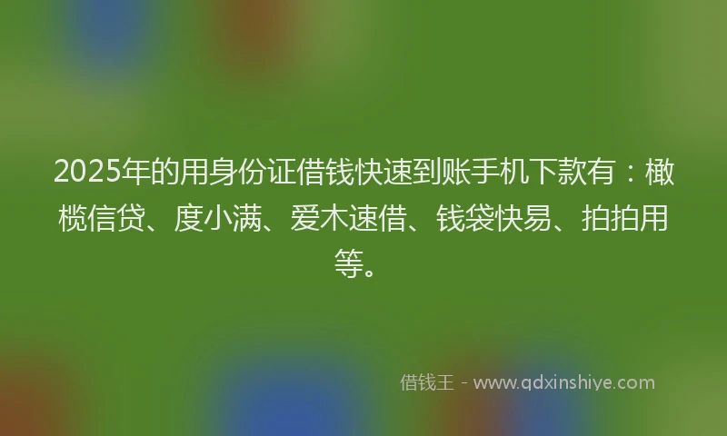 2025年的用身份证借钱快速到账手机下款有：橄榄信贷、度小满、爱木速借、钱袋快易、拍拍用等。