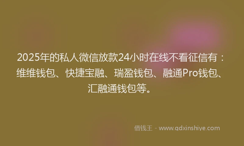 2025年的私人微信放款24小时在线不看征信有：维维钱包、快捷宝融、瑞盈钱包、融通Pro钱包、汇融通钱包等。