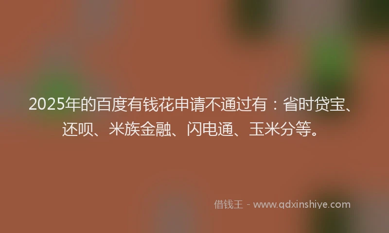 2025年的百度有钱花申请不通过有：省时贷宝、还呗、米族金融、闪电通、玉米分等。