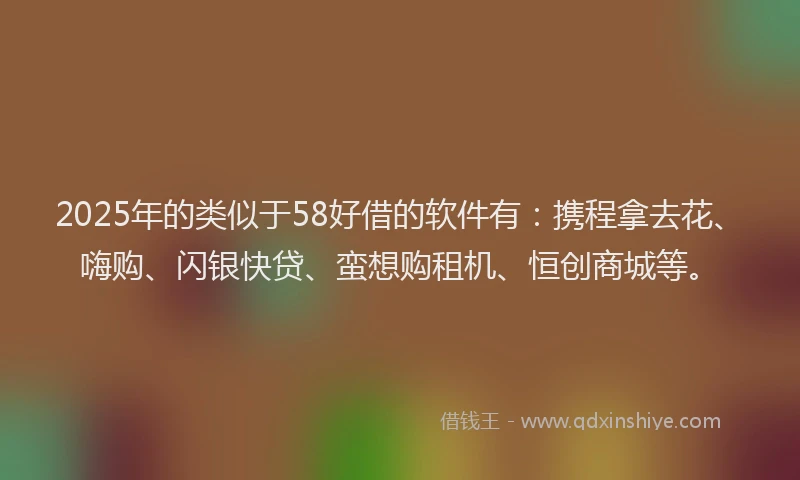 2025年的类似于58好借的软件有：携程拿去花、嗨购、闪银快贷、蛮想购租机、恒创商城等。