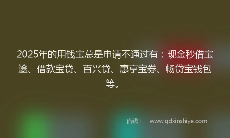 2025年的用钱宝总是申请不通过有：现金秒借宝途、借款宝贷、百兴贷、惠享宝券、畅贷宝钱包等。