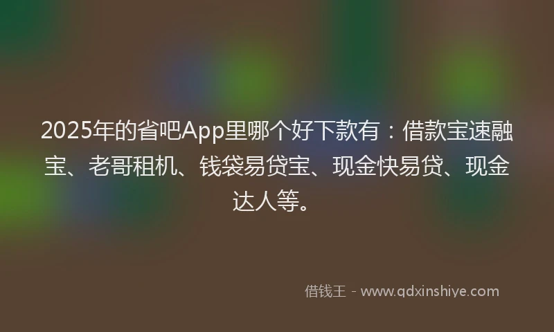 2025年的省吧App里哪个好下款有：借款宝速融宝、老哥租机、钱袋易贷宝、现金快易贷、现金达人等。