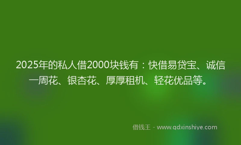 2025年的私人借2000块钱有：快借易贷宝、诚信一周花、银杏花、厚厚租机、轻花优品等。