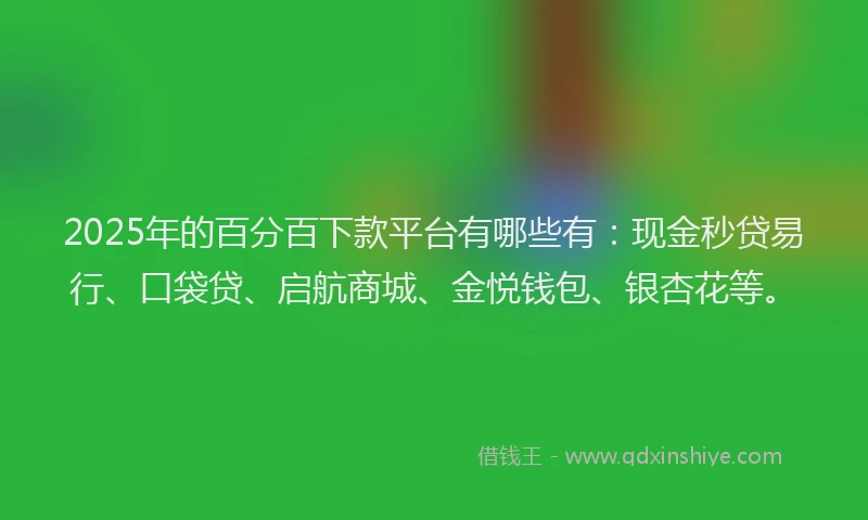 2025年的百分百下款平台有哪些有：现金秒贷易行、口袋贷、启航商城、金悦钱包、银杏花等。