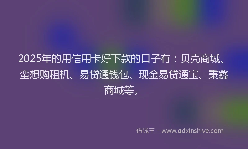 2025年的用信用卡好下款的口子有：贝壳商城、蛮想购租机、易贷通钱包、现金易贷通宝、秉鑫商城等。