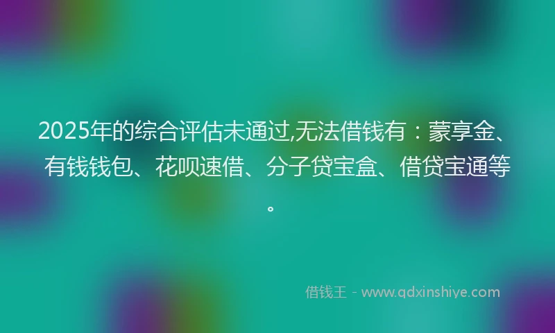 2025年的综合评估未通过,无法借钱有：蒙享金、有钱钱包、花呗速借、分子贷宝盒、借贷宝通等。