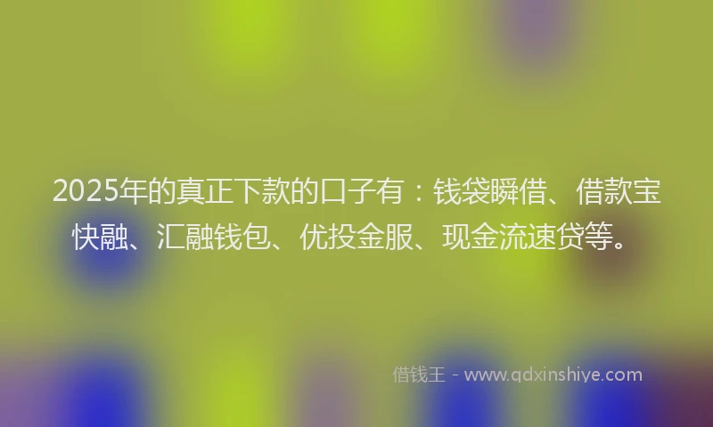 2025年的真正下款的口子有：钱袋瞬借、借款宝快融、汇融钱包、优投金服、现金流速贷等。