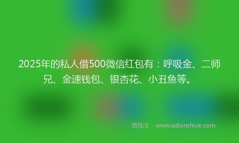 2025年的私人借500微信红包有：呼吸金、二师兄、金速钱包、银杏花、小丑鱼等。
