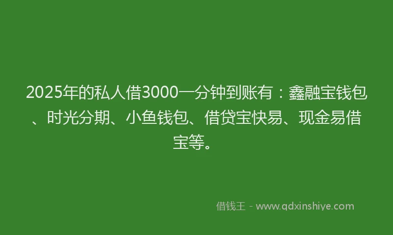 2025年的私人借3000一分钟到账有：鑫融宝钱包、时光分期、小鱼钱包、借贷宝快易、现金易借宝等。