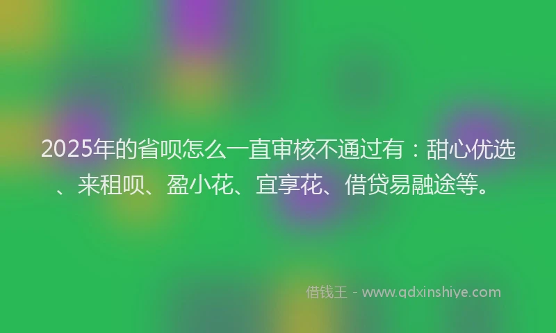 2025年的省呗怎么一直审核不通过有：甜心优选、来租呗、盈小花、宜享花、借贷易融途等。