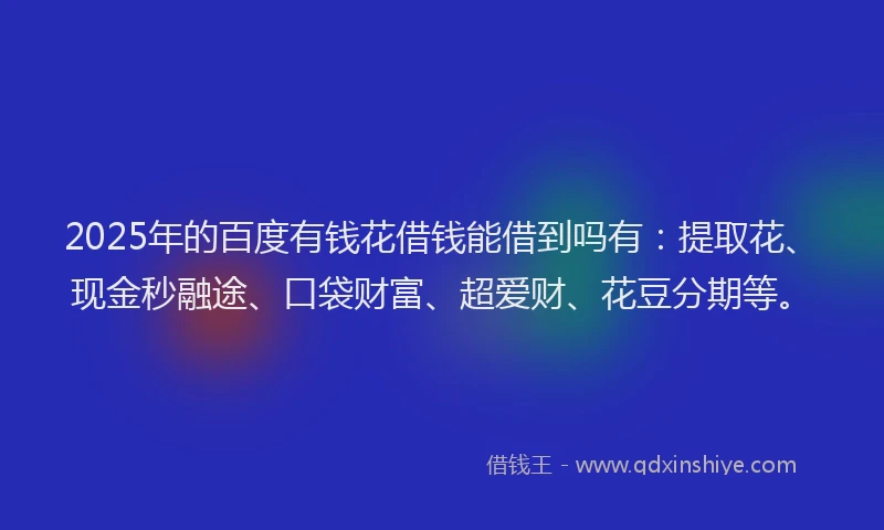 2025年的百度有钱花借钱能借到吗有：提取花、现金秒融途、口袋财富、超爱财、花豆分期等。
