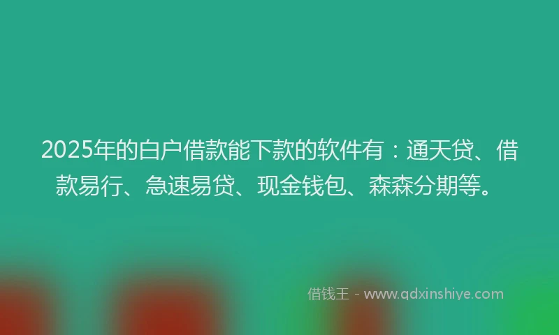 2025年的白户借款能下款的软件有：通天贷、借款易行、急速易贷、现金钱包、森森分期等。