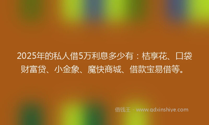 2025年的私人借5万利息多少有：桔享花、口袋财富贷、小金象、魔快商城、借款宝易借等。