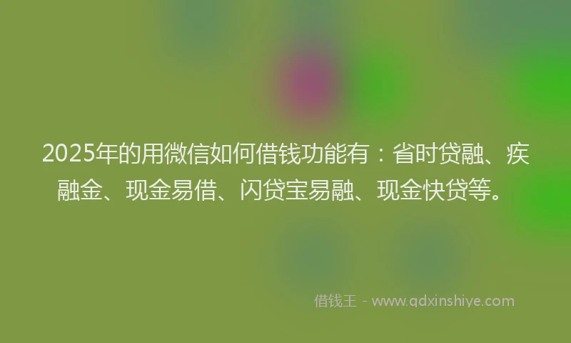 2025年的用微信如何借钱功能有：省时贷融、疾融金、现金易借、闪贷宝易融、现金快贷等。