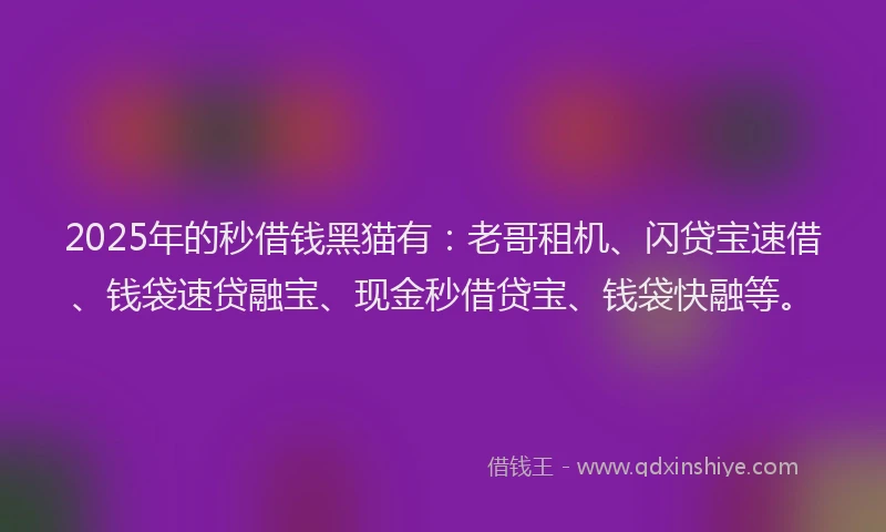 2025年的秒借钱黑猫有：老哥租机、闪贷宝速借、钱袋速贷融宝、现金秒借贷宝、钱袋快融等。