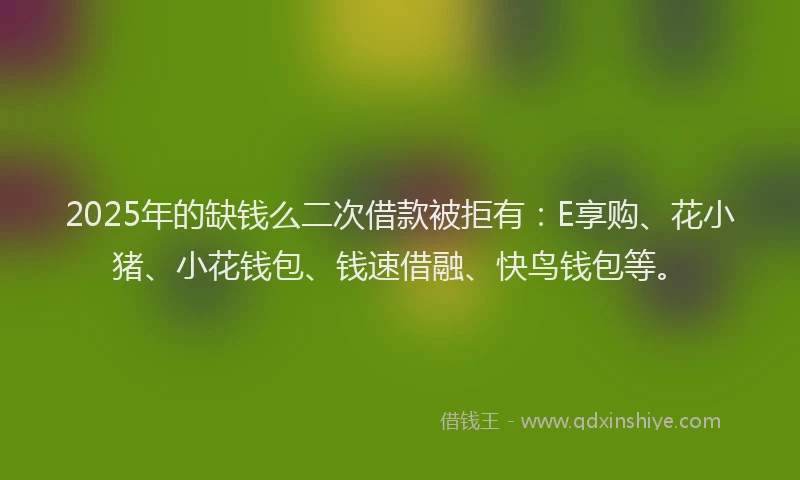 2025年的缺钱么二次借款被拒有：E享购、花小猪、小花钱包、钱速借融、快鸟钱包等。