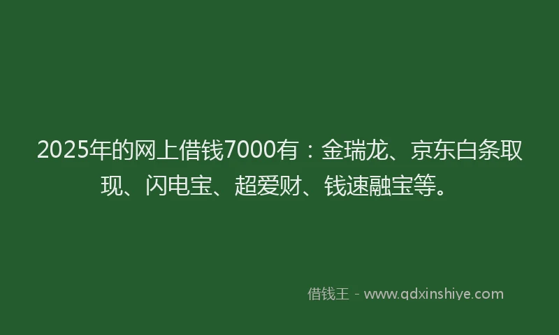 2025年的网上借钱7000有：金瑞龙、京东白条取现、闪电宝、超爱财、钱速融宝等。