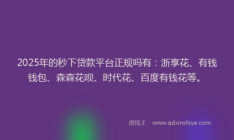 2025年的秒下贷款平台正规吗有：浙享花、有钱钱包、森森花呗、时代花、百度有钱花等。