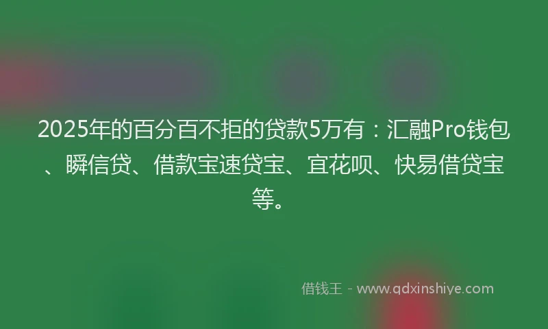 2025年的百分百不拒的贷款5万有：汇融Pro钱包、瞬信贷、借款宝速贷宝、宜花呗、快易借贷宝等。