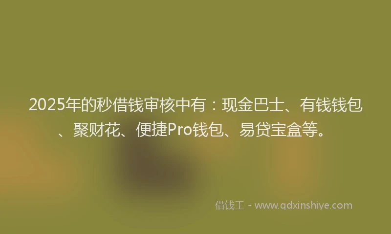 2025年的秒借钱审核中有：现金巴士、有钱钱包、聚财花、便捷Pro钱包、易贷宝盒等。