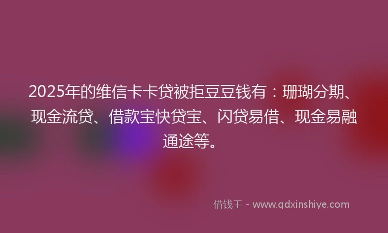 2025年的维信卡卡贷被拒豆豆钱有：珊瑚分期、现金流贷、借款宝快贷宝、闪贷易借、现金易融通途等。