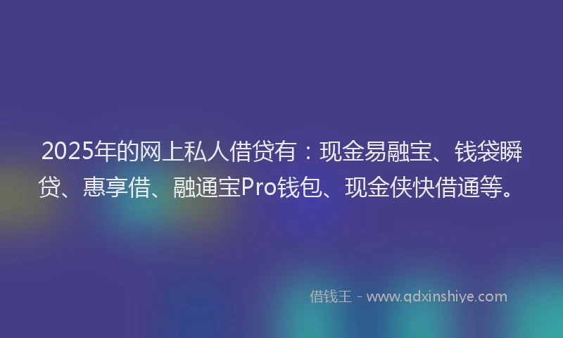 2025年的网上私人借贷有：现金易融宝、钱袋瞬贷、惠享借、融通宝Pro钱包、现金侠快借通等。