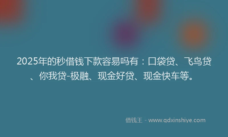 2025年的秒借钱下款容易吗有：口袋贷、飞鸟贷、你我贷-极融、现金好贷、现金快车等。