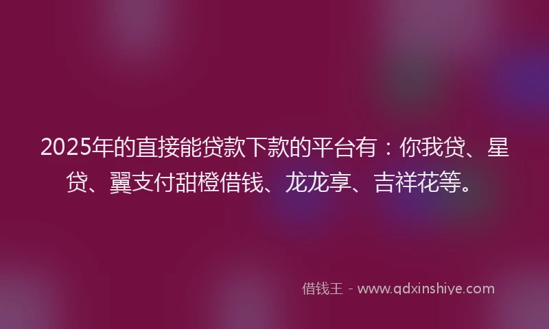 2025年的直接能贷款下款的平台有：你我贷、星贷、翼支付甜橙借钱、龙龙享、吉祥花等。