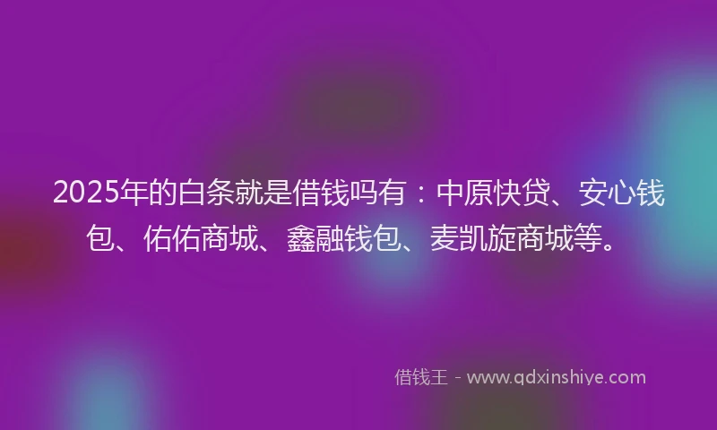 2025年的白条就是借钱吗有：中原快贷、安心钱包、佑佑商城、鑫融钱包、麦凯旋商城等。