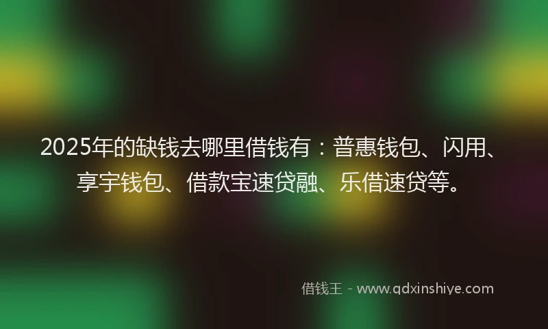 2025年的缺钱去哪里借钱有：普惠钱包、闪用、享宇钱包、借款宝速贷融、乐借速贷等。