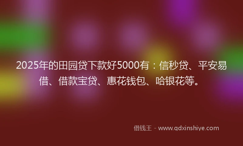 2025年的田园贷下款好5000有：信秒贷、平安易借、借款宝贷、惠花钱包、哈银花等。