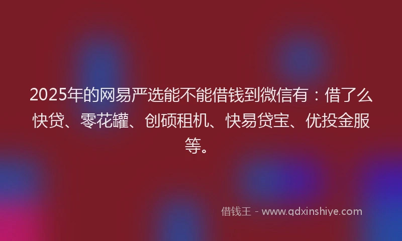 2025年的网易严选能不能借钱到微信有：借了么快贷、零花罐、创硕租机、快易贷宝、优投金服等。
