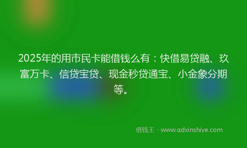 2025年的用市民卡能借钱么有：快借易贷融、玖富万卡、信贷宝贷、现金秒贷通宝、小金象分期等。
