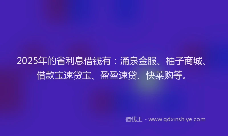2025年的省利息借钱有：涌泉金服、柚子商城、借款宝速贷宝、盈盈速贷、快莱购等。