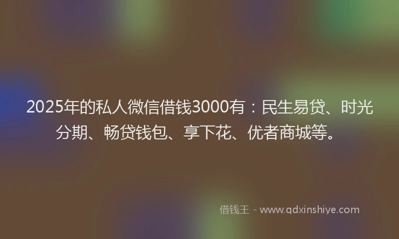 2025年的私人微信借钱3000有：民生易贷、时光分期、畅贷钱包、享下花、优者商城等。