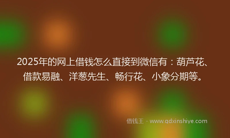 2025年的网上借钱怎么直接到微信有：葫芦花、借款易融、洋葱先生、畅行花、小象分期等。