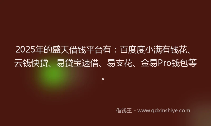2025年的盛天借钱平台有：百度度小满有钱花、云钱快贷、易贷宝速借、易支花、金易Pro钱包等。