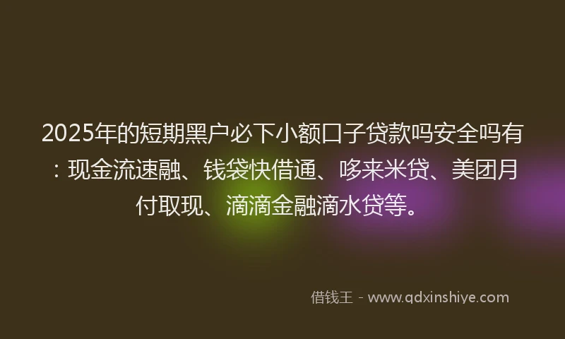 2025年的短期黑户必下小额口子贷款吗安全吗有：现金流速融、钱袋快借通、哆来米贷、美团月付取现、滴滴金融滴水贷等。