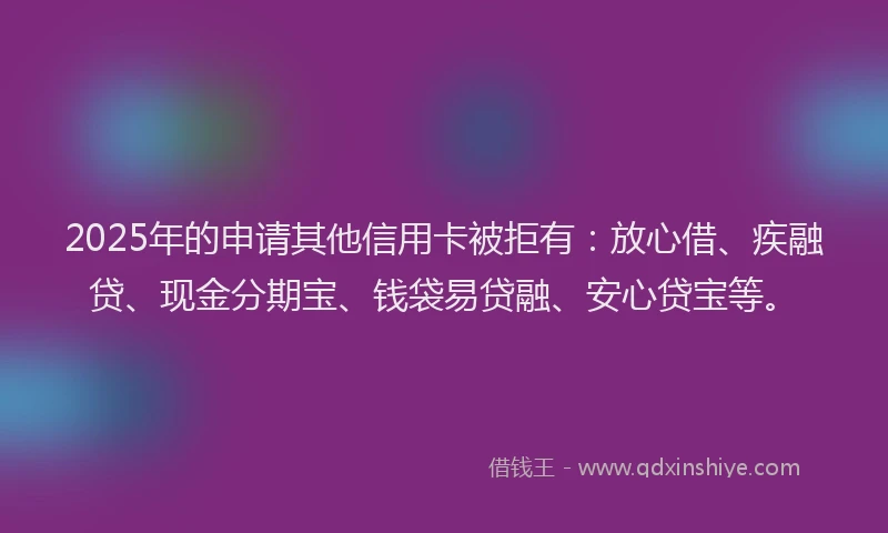 2025年的申请其他信用卡被拒有：放心借、疾融贷、现金分期宝、钱袋易贷融、安心贷宝等。