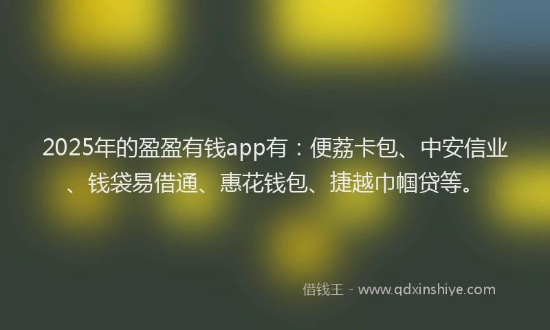 2025年的盈盈有钱app有：便荔卡包、中安信业、钱袋易借通、惠花钱包、捷越巾帼贷等。